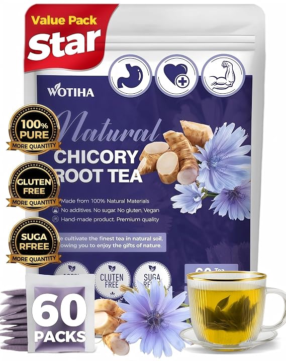 WOTIHA 60 Count Premium Chicory Root Tea Bags - 100% Pure Chicory Root, Coffee Alternative, Liver Health Support, Rich in Antioxidants, Caffeine-Free, Additive-Free, Sugar-Free, Vegan.Non-GMO