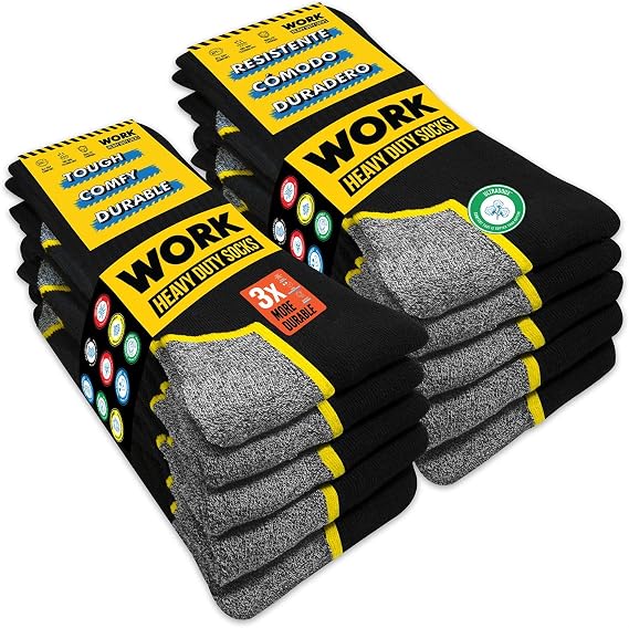 SOXCO 10 Pairs Mens Work Socks, Black Crew Length | DRI-WIK Moisture Wicking Technology | Reinforced Heel & Toe 6/10 Pairs