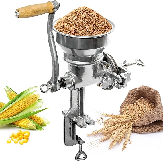 Biltek Professional Manual Grain Grinder - Table Clamp Corn Mill with Hopper, Cast Iron