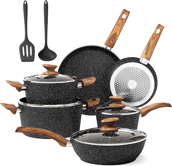 Non Stick Pots and Pans Set, 12 Piece Kitchen Cookware Sets | Granite Pans Set for Cooking, Compatible with Induction, Gas & Electric Stoves, PFOA & PFOS Free, Even Heating, Easy to Clean