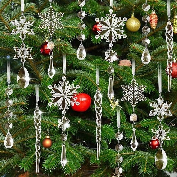 PPRAFDD 18PCS Clear Christmas Snowflake Icicle Hanging Ornaments | Acrylic Crystal Christmas Tree Decorations with Drop Pendants for Xmas Winter Wonderland New Year Party Supplies