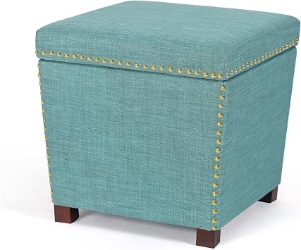 Adeco Square Storage Ottoman with Hinged Lid, Modern Accent Bench Footrest Stool, Coffee Table for Living Room Bedroom,Light Blue