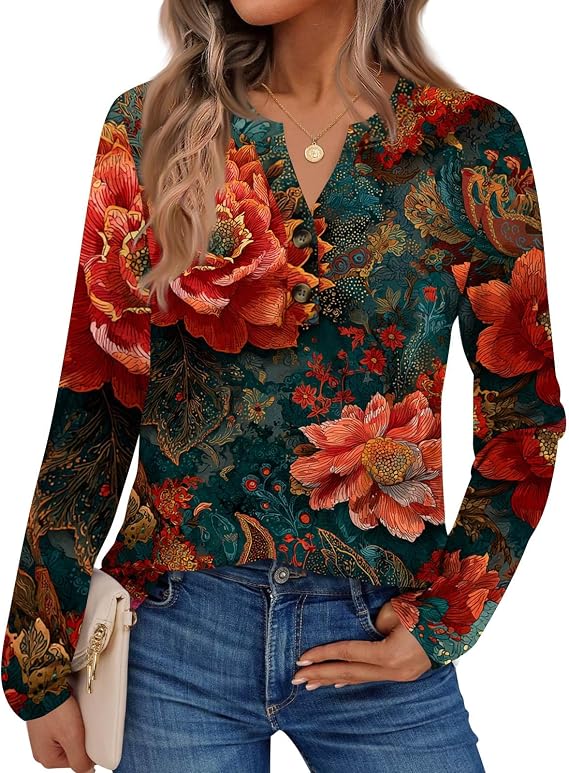 Womens Long Sleeve Crew Neck Shirts Printed Basic Casual T-Shirts Winter Fall Loose Fit Top Henley Dressy Trendy Blouses