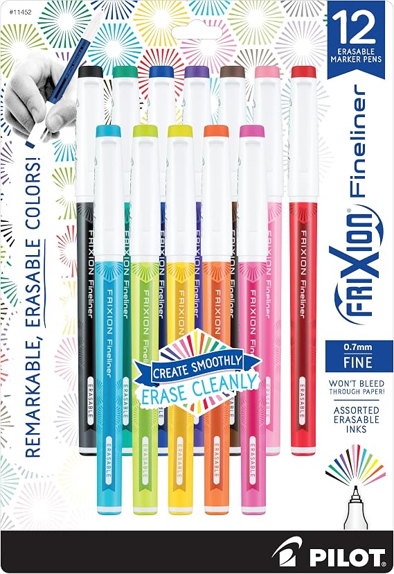 PILOT FriXion Fineliner Erasable Marker Pens, Pack of 12, Assorted Colors