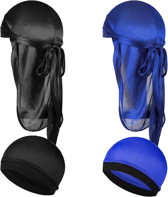 4Pcs Premium Durag Pack for Men Kids Silky Durag with Wave Caps Set Long Tail Wide Strap Headwraps Turban Beanies Satin Doo Rag Soft Elastic Dorag Deluxe Du-rag Over Durag for Boy Girl Hip-hop Decor