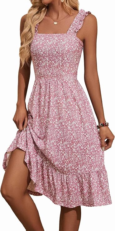ZABERRY Womens Dresses Elastic Straps Square Neck Midi Floral Sundresses