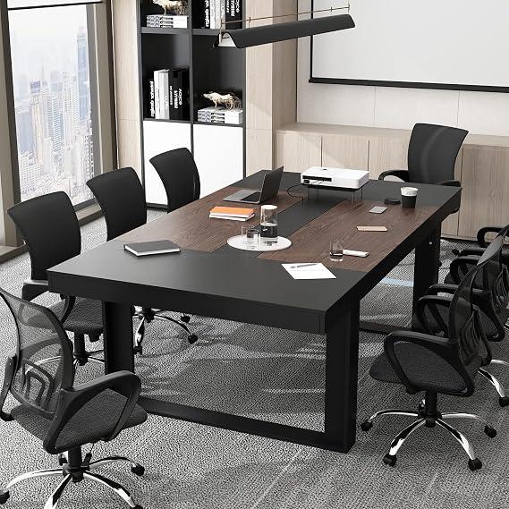 ECACAD 7FT Conference Table for 6-8 People, Large Rectangular Meeting Table, Modern Seminar Table for Office Meeting Conference Room, Black and Deep Brown (86.8L x 47.2W x 29.4H)