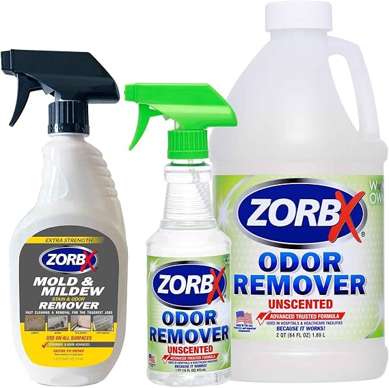 ZORBX Unscented Odor Eliminator for Strong Odor, Used in Hospitals & Healthcare Facilities (16 Oz + 64 Oz) + M&M Remover and Cleaner - Bleach Free Cleaner Spray (24 Oz)
