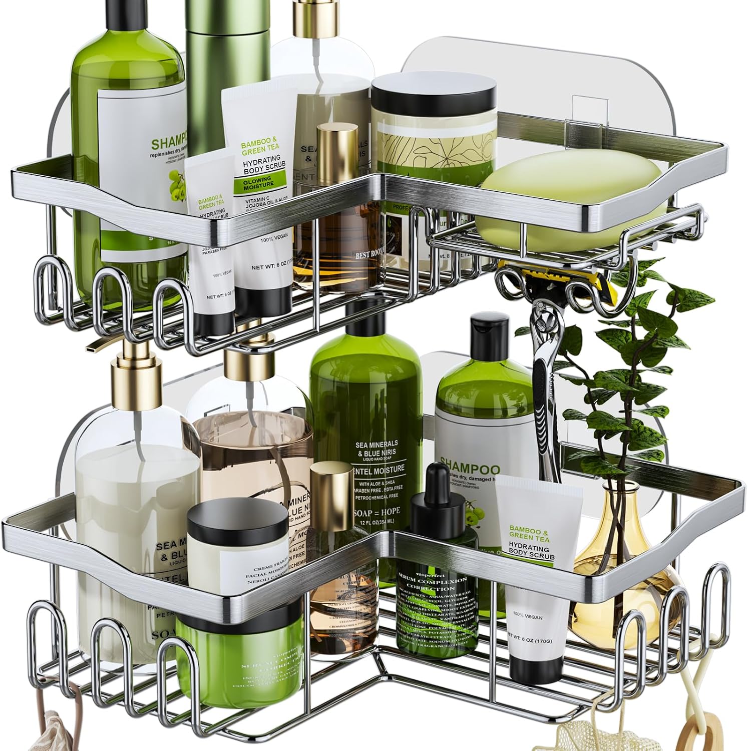 HapiRm Shower Caddy Shower Corner Shelves with 11 Hooks, Shower Organiser for Razor soap and shampoo, Bathroom Storage & Kitchen Storage Bath Accessories Stainless Steel, 6 Sticker, 2 pcs