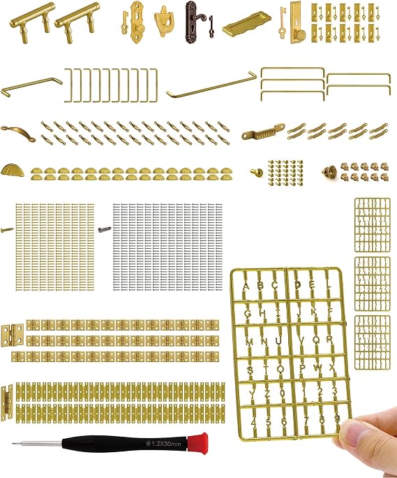 iland 1/12 Scale Dollhouse Accessories, 700+ PCS Miniature Hardware Kit: 20 Kinds Mini Knobs, Hinges, Handles & Locks w/Screws, Miniature Building Supplies for Dollhouse Door Window and Craft Project