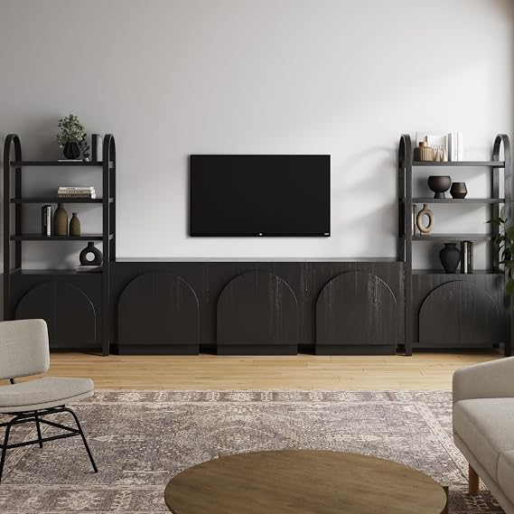 Nathan James Iris Sideboard and Bookcase Set, Mid-Century Modern Solid Wood Entertainment Center or Wall Storage Unit with Arched Doors, 3 Accent Cabinets and 2 Bookshelves Set, Black Oak