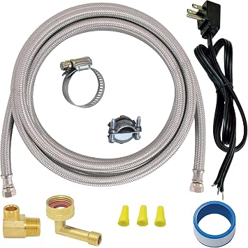 Eastman 6 Ft. Dishwasher Installation Kit, Braided Stainless Steel Supply Line with 3/8 Inch Compression Ends, 3-Prong Angled Power Cord, 48337N