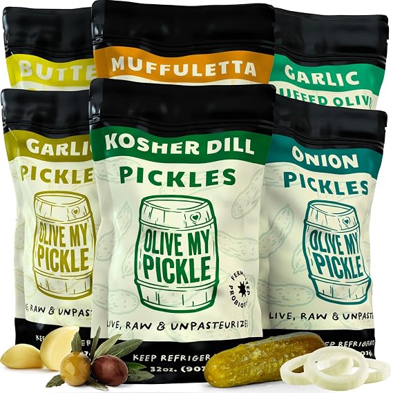 Olive My Pickle Dill Pickles & Olives | 6-Pack Bundle of Probiotic Kosher Dill Pickles & Fermented Olives with Natural Probiotics for Gut Health - Perfect for Snacks, Sandwiches, and Salads