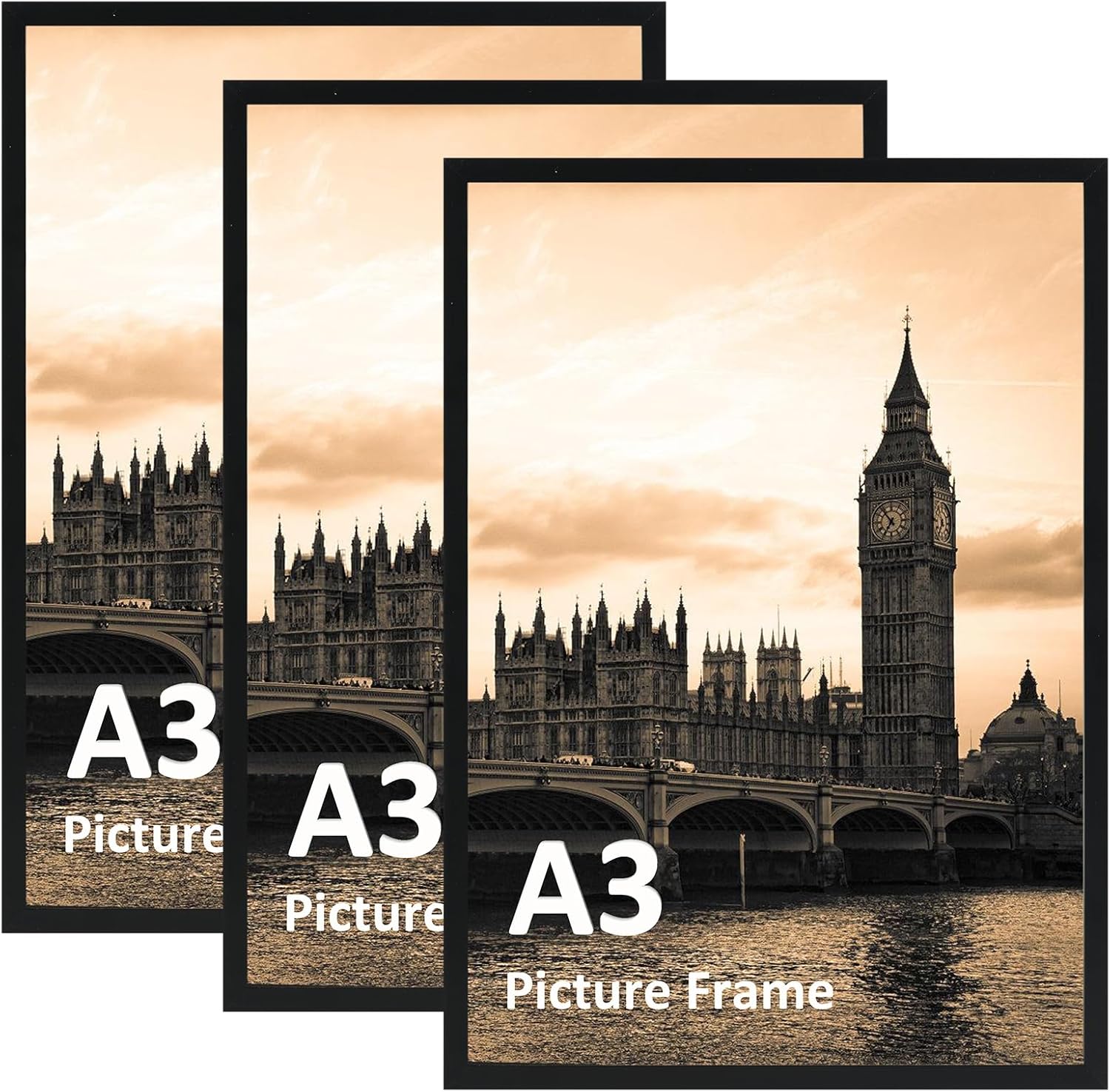 Hoikwo A3 Picture Frame Pack of 3, Black Poster Frame for Wall Hanging, A3 Photo Frame for Home and Gallery Displays, Horizontal or Vertical (29.7x42cm)