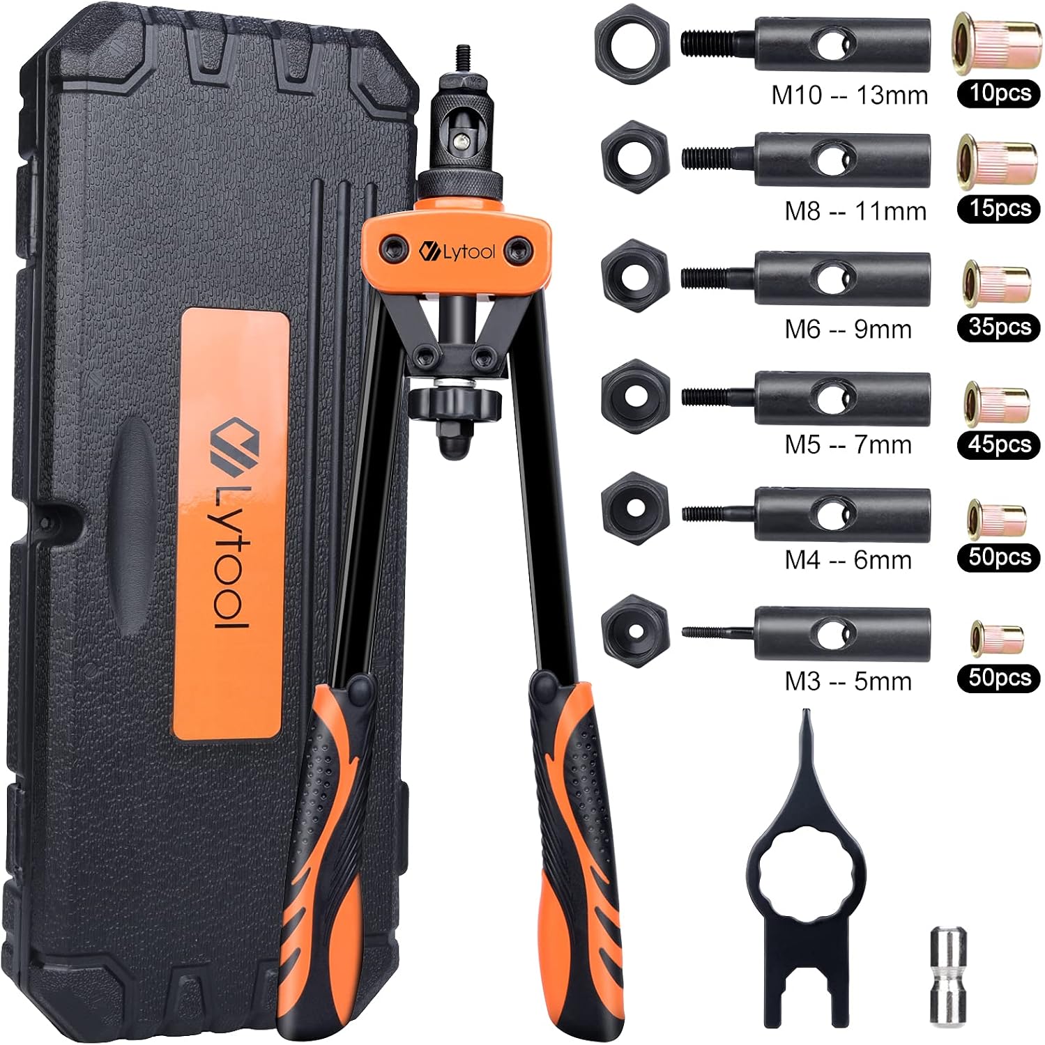 Lytool 14" Rivet Nut Tool, Heavy Duty Rivet Gun with 205pcs Nuts M3 M4 M5 M6 M8 M10 6 Mandrels Rivet Nut Gun Rivet Tool Professional Hand Rivet Setter Kit