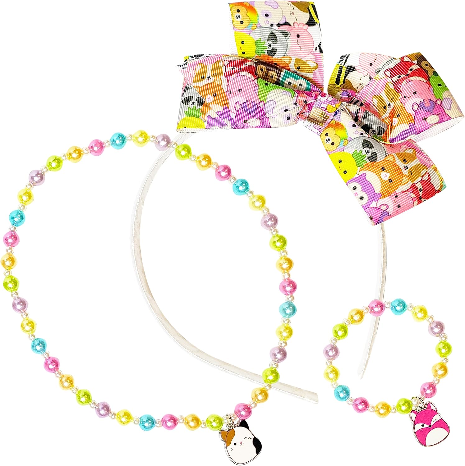 LUV HER Squishmallow Cute Hair Headband Jewelry Set for Little Girls - 3Pcs Toddler Dress Up Kit - 1 Kids Headband With Bow - Necklace - Bracelet | Girl Birthday Gift - Ages 8