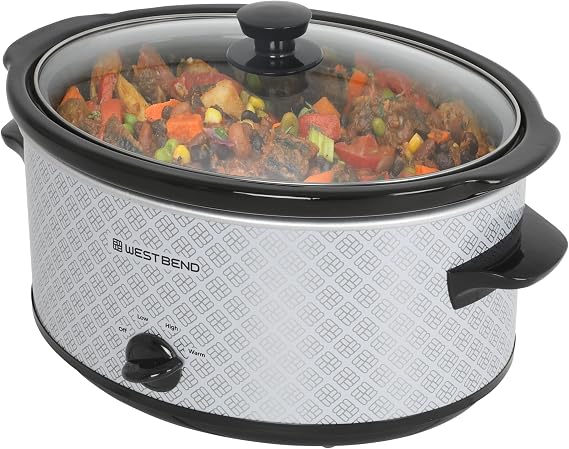 West Bend Slow Cooker 6-Quart Manual Crockery Style with Dishwasher Safe Oval Ceramic Crockpot and Glass Lid Two Temperature Settings Plus Keep Warm, 330-Watts, Silver