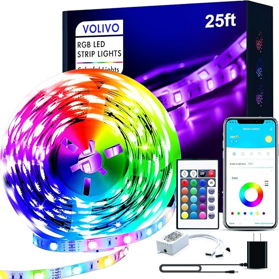 VOLIVO 25 ft Led Strip Lights for Bedroom, Color Changing Led Light Strips Kit with Bluetooth App Control and IR Remote, RGB Music Sync Lighting for Room, Home Decor