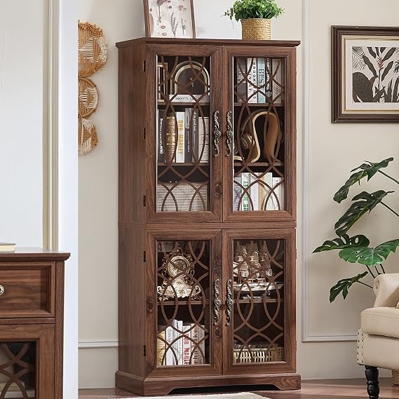 Joaxswe 67" Tall Bookshelf, Rustic Book Shelf w/Vintage Pattern Tempered Glass Doors, 5-Tier Wood Bookcase with Adjustable Storage Shelves, Retro Curio Display Cabinet for Living Room, Brown