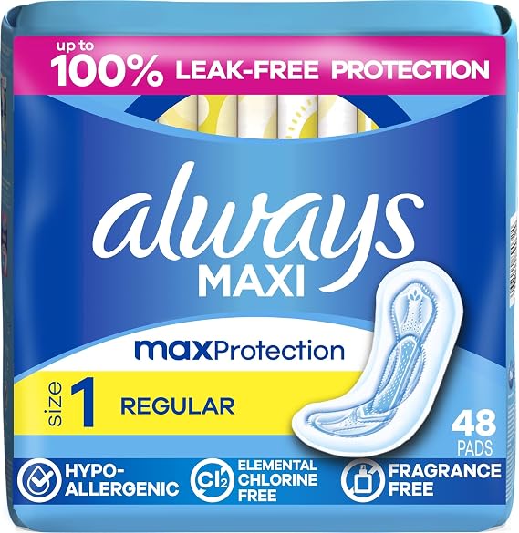 Always Maxi Feminine Pads Without Wings for Women, Size 1, Regular Absorbency, Unscented 48 Count