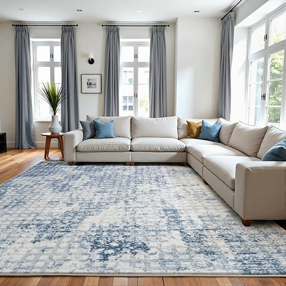 Area Rug 5x7 Machine Washable Rug Vintage Traditional Floor Cover Foldable Thin Retro Indoor Non Slip Carpet Floral Print Mat Bedroom Living Room Dining Room Office,Square Blue