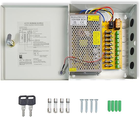 12V 10A 120W 9Channel CCTV Power Box, 12V Indoor Wall Mount DC Distribution Power Supply Box for CCTV Security Camera DVR, Overload Short Circuit Protected Security Power Box