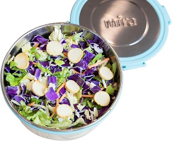 MIRA 6 Cup Stainless Steel Salad Bowl - Portable Lunch Container with Secure Lid - To-Go Size, Frost