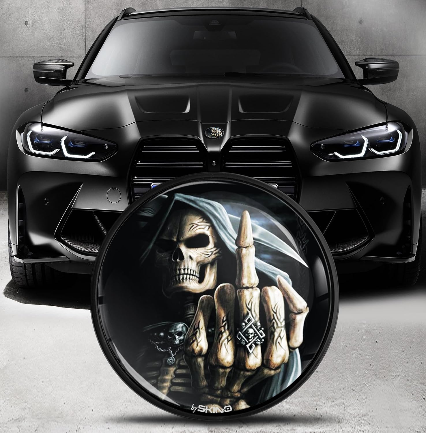 Biomar Labs Front Hood Trunk Tuning Badge 82 mm Compatible with BMW Emblem 51148132375 Black Skull EO 25