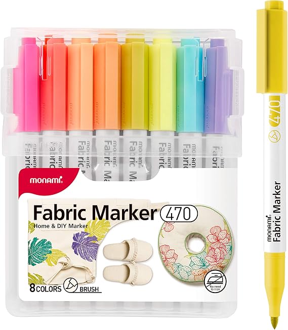 MONAMI Fabric Marker 470(SET B), Brush Tip, No Ironing required Premium Fabric Markers for T-shirts, Textiles, Shoes, Eco-Bags and More, Machine Washable, Additional 8 Color Pack with Stand-up Case