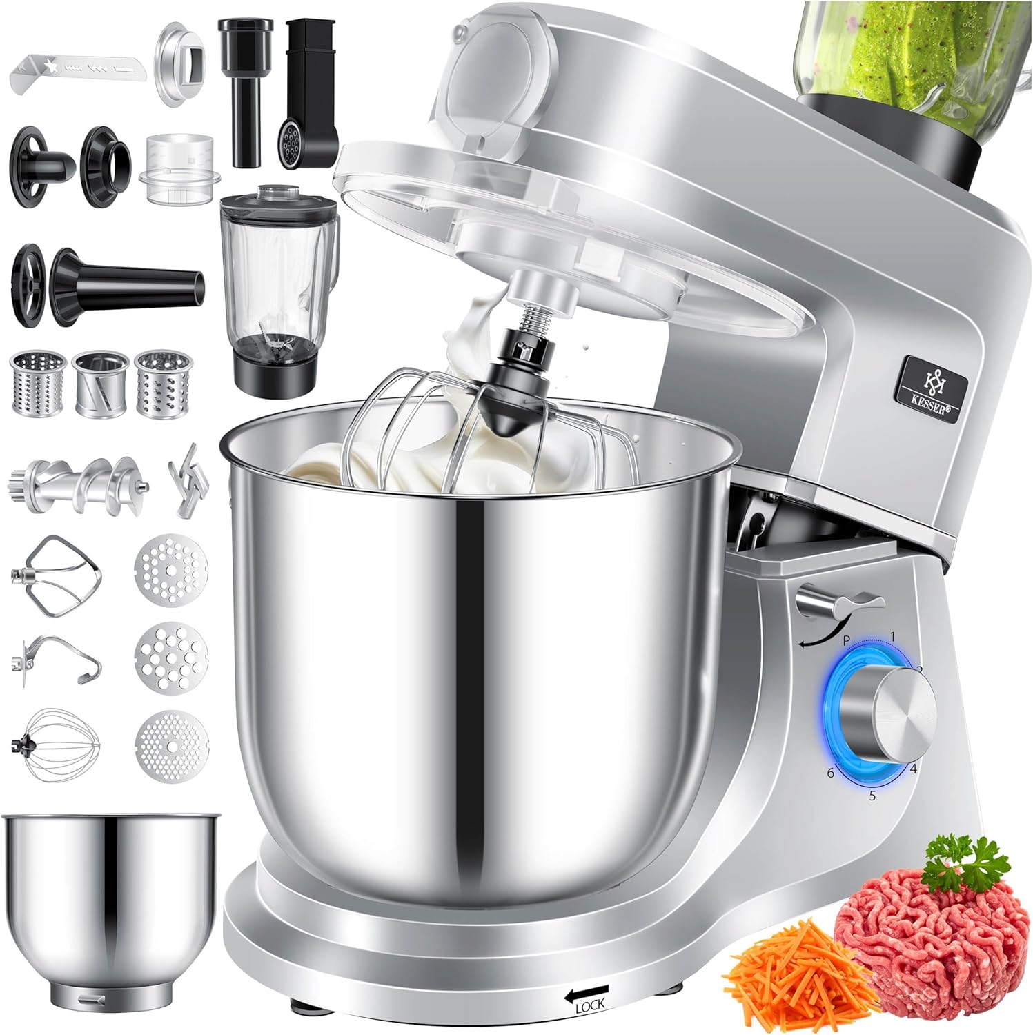 KESSER Food Processor 3-in-1 with Meat Grinder & Mixer 1500 W Kneading Machine 5.5 L Mixing Bowl + Splash Guard 6 Speeds Dough Hook Whisk Mixing Hook & Rasps Baking & Cooking Silver