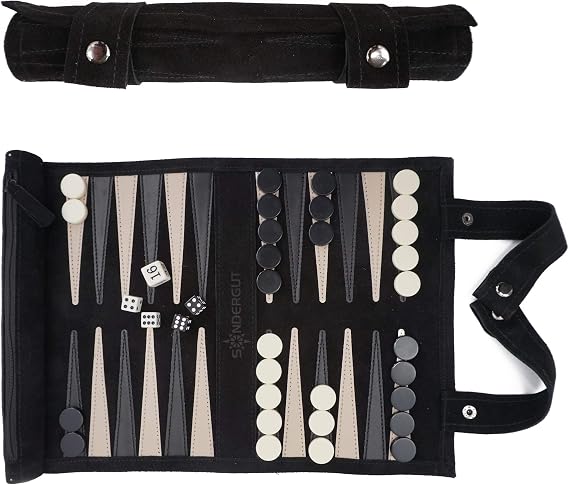 Sondergut Roll-up Portable Suede Backgammon Game Set - for Adults & Children - Ideal for RV Travel, Cruise, Airplane, Camping, Backpacking, Road Trips, Etc. Multiple Colors (Black)