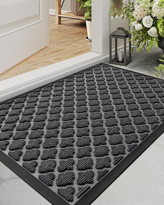 DEXI Front Door Mat Outside Entrance, 2x4 ft Entryway Rubber Back Doormat Heavy Duty, Non Slip Low Profile Welcome Entry Mats for Inside House Floor Exterior Patio, Floral Black