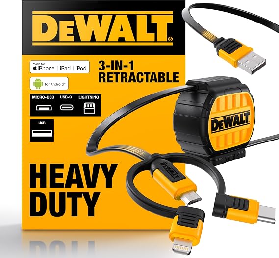 DEWALT Heavy Duty 3 in 1 Retractable Multi Charging Cord, 3ft Fast Charging | Multi Charger Adapter with Lightning/Type C/Micro USB Port for iPhones/Samsung Galaxy/PS/Tablets/More