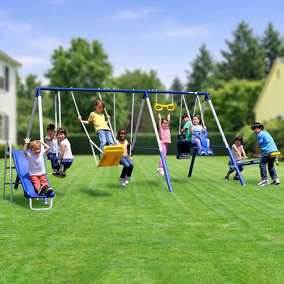 Sportspower Super 9 Metal Swing Set for Outdoor Backyard Play: Teeter Totter, Glide Ride, Roman Glider, Standing Swing, Trapeze, 5ft Slide, Anchor Kit, 7.5' D 17.1' W 6.1' H