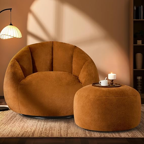 Gericco Swivel Giant Bean Bag Chair for Adults with Ottoman - Comfy Plush Round Shell Soft Accent Chaise Lounge Indoor Chair, Oversized Cozy Floor Sofa for Living Room Game Rooms, Orange