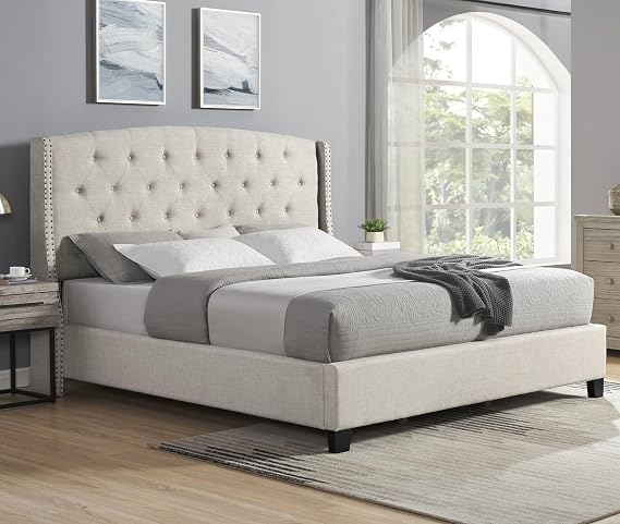 Roundhill Furniture Nantarre Fabric Tufted Wingback Upholstered Bed with Nailhead Trim, King, Tan