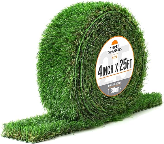 THREE ORANGES 4 Inch x 25 Ft Artificial Grass Roll, 1.38 Thick Realistic Turf Roll, Pre-Cut, Easy to Install, for DIY Projects, Yard, Garage & Pool Area