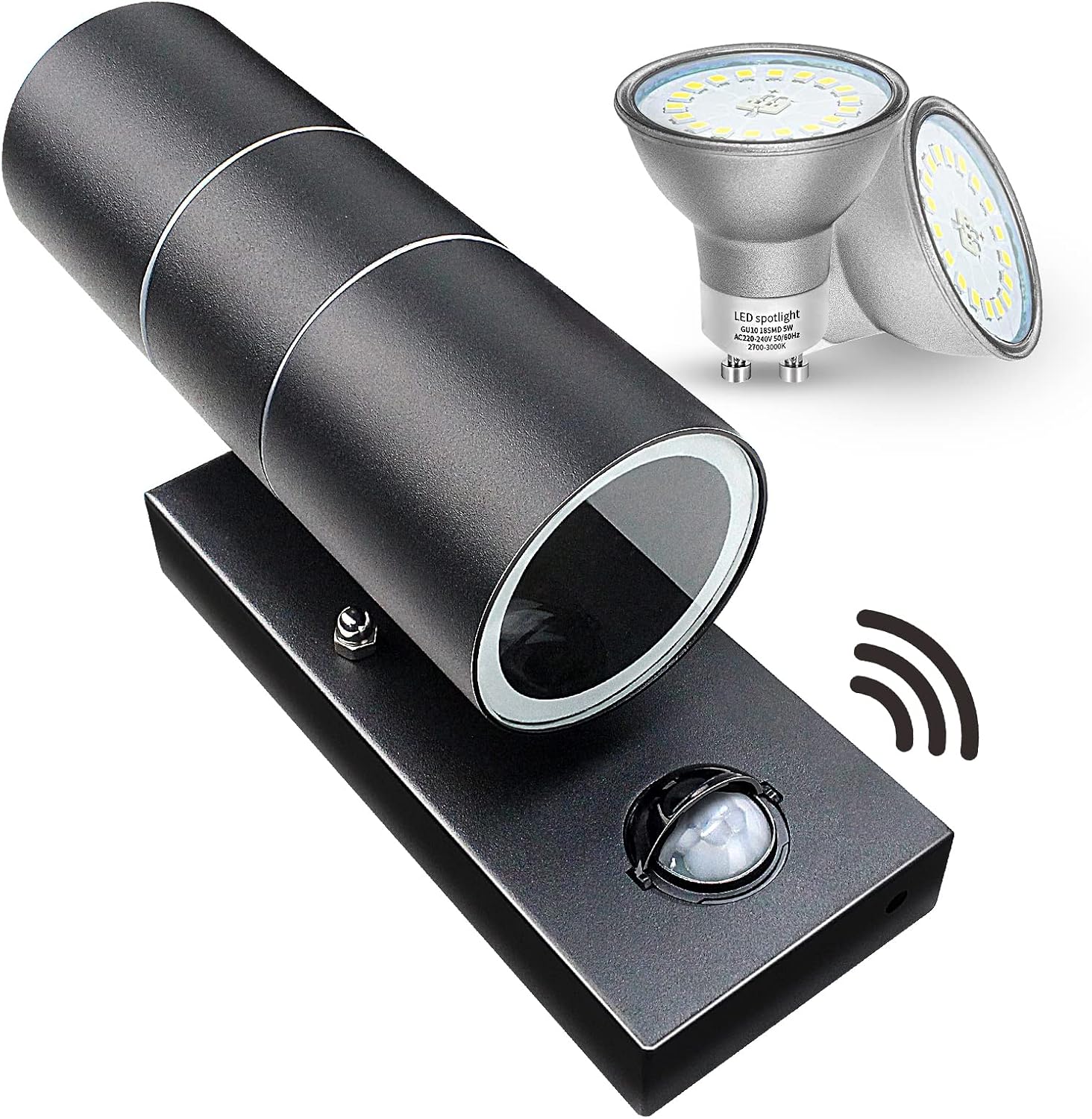 Wondlumi Outdoor Wall Lights PIR Motion Sensor Outside Light Mains Powered Wall Lamp IP44 Security Lighting Black, Incl. 2X 5W GU10 LED Bulbs Warm White [Energy Class F]