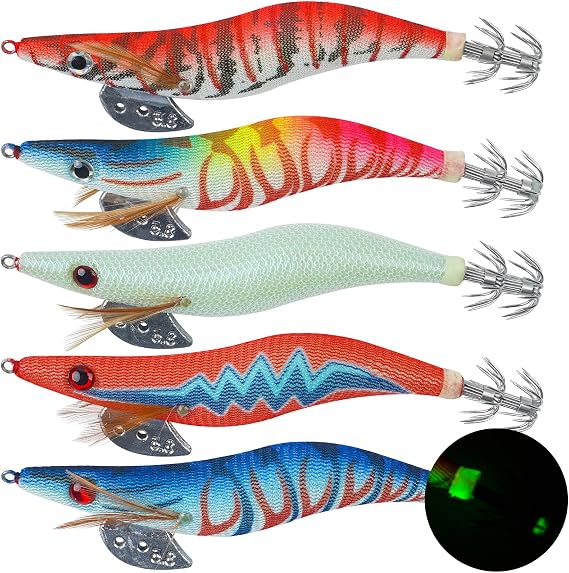 5pcs Luminous Squid Jigs Saltwater Fishing Lures Glow Tail Squid Jig Hooks Stainless Steel Needles Cuttlefish Sleeve Squid Jig Baits Night Fishing