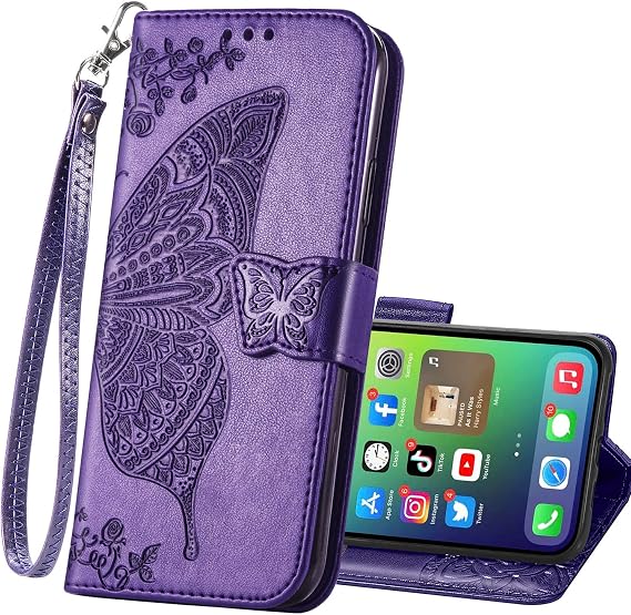 for iPhone 17 Pro Phone Case Wallet with Card Slots Purple | Flip Folio Cover,Emboss Butterfly Flower,PU Leather,Purse,Wrist Strap,Kickstand,Magnetic Closure,Shockproof,for Woman Man