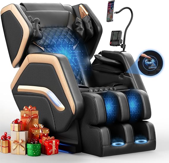 Massage Chair Full Body 10 Fixed Roller Zero Gravity, Black&Gold | Zero Gravity Massage Chair with 8 Airbags, Foot Massge, Heating, Phone Controller, Bluetooth Speaker, Nightlights for Home