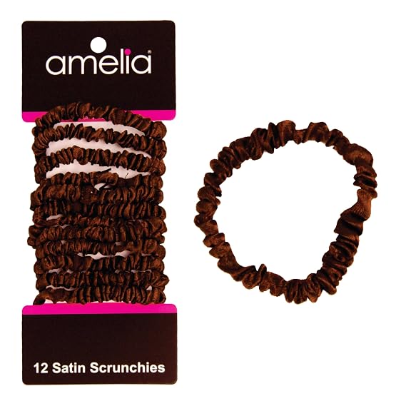 Amelia Beauty, Brown, Skinny Satin Scrunchies, 12 Pack 2in Diameter, Gentle & Strong Hold, No-Snag, No-Dent, Crease-Free Hair Ties