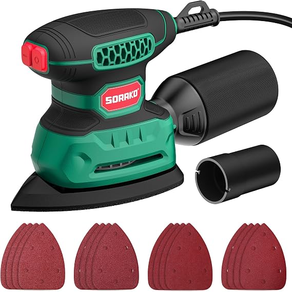 SORAKO Electric Sander,220W 14000 OPM 230V Sander for Wood with Dust Collector and 16 Pieces of Sandpaper, Compact Sanding Machine is Perfect for