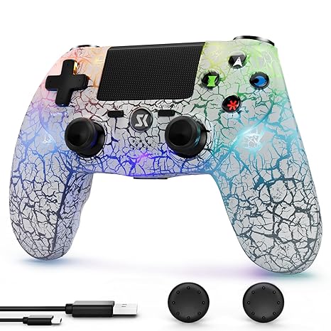 CHENGDAO Controller für PS4 Wireless Joystick Controller LED per Playstation 4/Pro/Slim con retroilluminazione RGB regolabile Batteria da 1000 mAh sensore di movimento Dual Shock a 6 ass Weiß