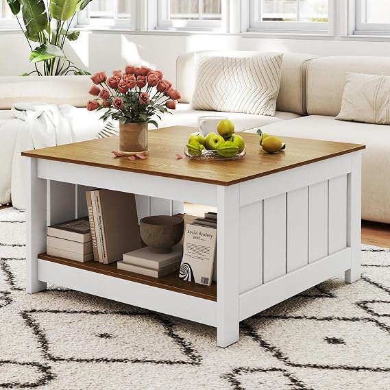 GOFLAME Farmhouse Coffee Table, 31.5 Square Center Table with Open Storage Shelf, Modern Fence Design, 2-Tier Wood Tea Tables for Living Room, Lounge, Apartment, Natural & White