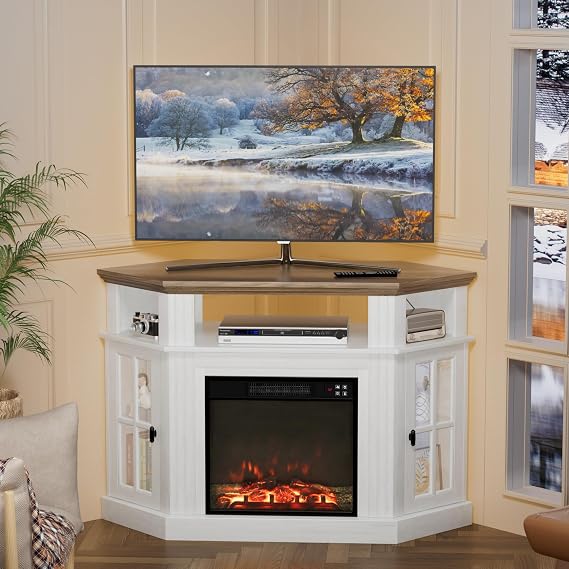 Furmax Fireplace Corner TV Stand for Up to 55 Inch, Antique White