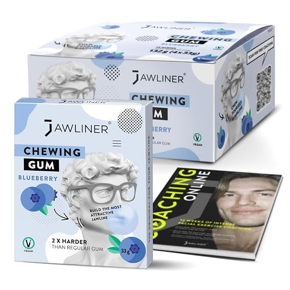 Jawliner Hard Jawline Chewing Gum - Sugar Free Blueberry Tough Jaw Gum - Jaw Exerciser Strong Mewing Jawline Mastic Gum - 2x Harder than Regular Chewing Gum 130 Grams (48 Strips)