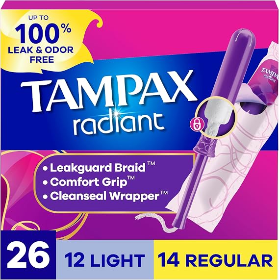 Tampax Radiant Tampons Multipack, with LeakGuard Braid, Light/Regular Absorbency, Unscented, 26 Count, Packaging May Vary