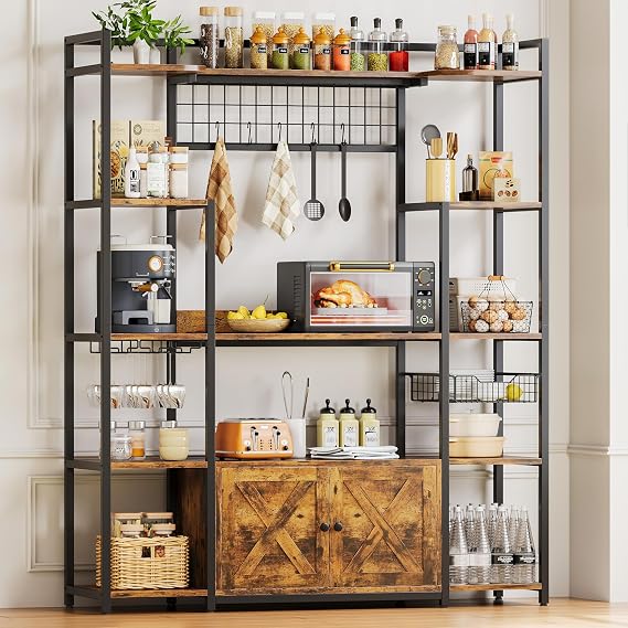 IRONCK Bakers Rack with Power Outlet, Coffee Bar Cabinet, Vintage Brown | 54.7 Inch Coffee Bar Cabinet, Microwave Stand with Wine glass holder, 5 hooks, 2 cabinets. P2 MDF. Anti-tip