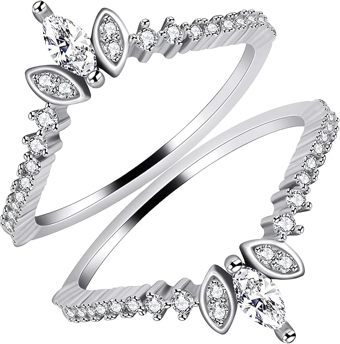 Uloveido Women's 925 Sterling Silver Marquise Cut CZ Stack Rings Set 2pcs Crown Wedding Engagement Guard Enhancer WR133